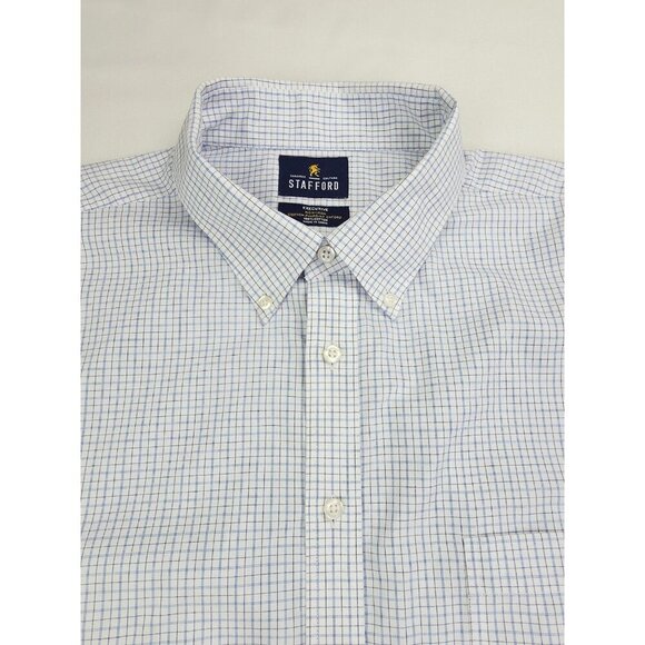 Stafford Regular Fit 18 36-37 White Black Blue Check Button Down Executive Shirt - Picture 1 of 9